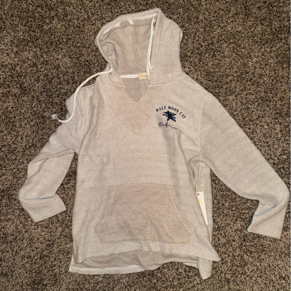 Ocean Drive Light Gray Hooded Pullover with Navy Palm Accent